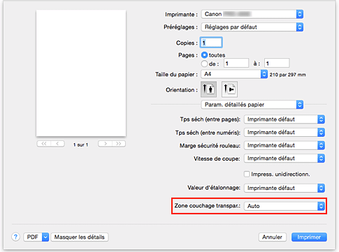 figure&nbsp;: Zone couchage transparent de Couchage transparent dans la boîte de dialogue Imprimer
