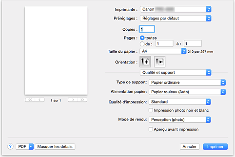 figure&nbsp;:&nbsp;Qualité et support dans la boîte de dialogue Imprimer