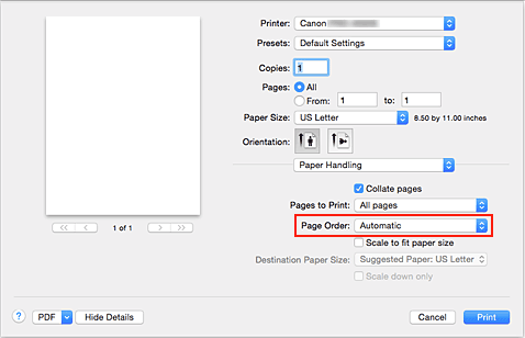 figure:Select Automatic from Page order of Paper Handling in the Print dialog