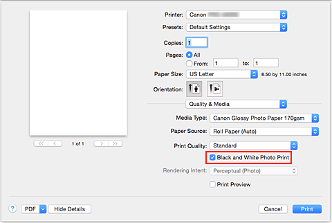 figure:Black and White Photo Print of Quality & Media in the Print dialog