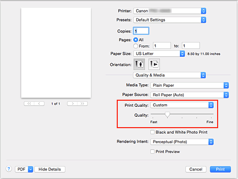figure:Select Custom from Print Quality of Quality & Media in the Print dialog
