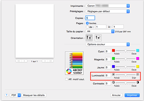 figure&nbsp;: Luminosité des options de couleur dans la boîte de dialogue Imprimer