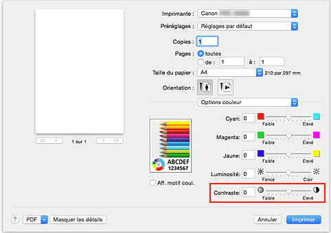 figure&nbsp;: Contraste des options de couleur dans la boîte de dialogue Imprimer