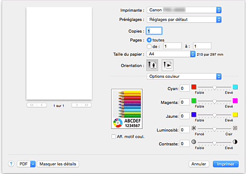figure&nbsp;:&nbsp;Options couleur dans la boîte de dialogue Imprimer