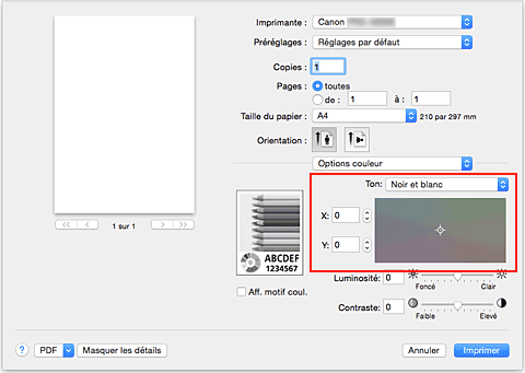 figure&nbsp;: Tonalité des options de couleur dans la boîte de dialogue Imprimer