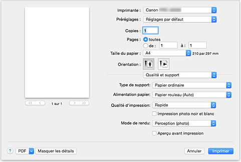 figure&nbsp;:&nbsp;Qualité et support dans la boîte de dialogue Imprimer