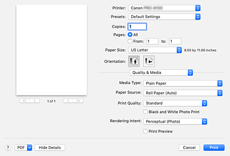 figure:Quality & Media in the Print dialog