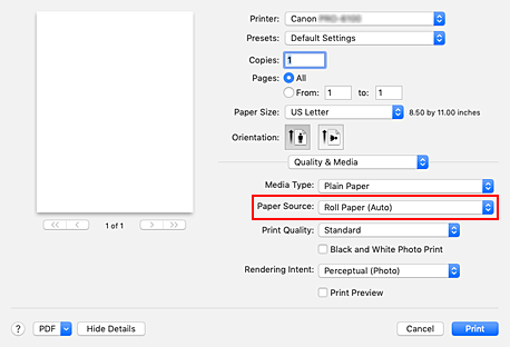 figure:Paper Source of Quality & Media in the Print dialog