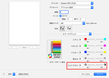 図：プリントダイアログ［カラーオプション］の［コントラスト］