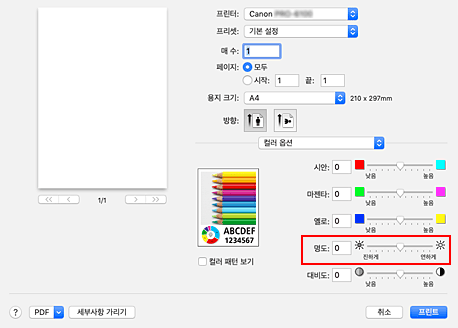 그림: 프린트 대화 상자 [컬러 옵션]의 [명도]