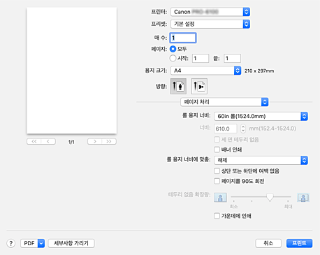 그림: 프린트 대화 상자의 [페이지 처리]