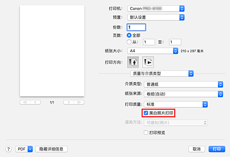 插图：打印对话框中“质量与介质类型”的“黑白照片打印”