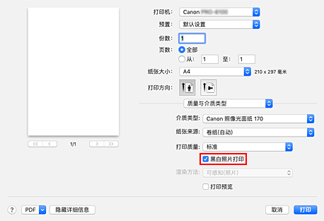 插图：打印对话框中“质量与介质类型”的“黑白照片打印”