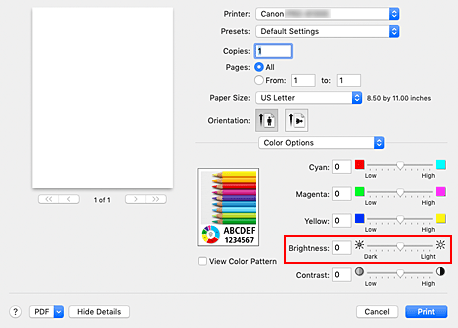 figure:Brightness of Color Options in the Print dialog