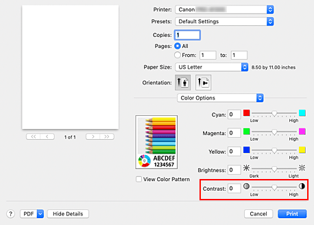 figure:Contrast of Color Options in the Print dialog