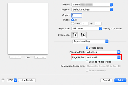 figure:Select Automatic from Page order of Paper Handling in the Print dialog