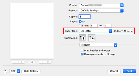 figure:Paper Size in the Print dialog