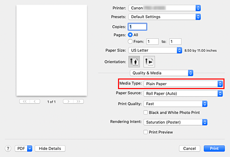 figure:Media Type of Quality & Media in the Print dialog