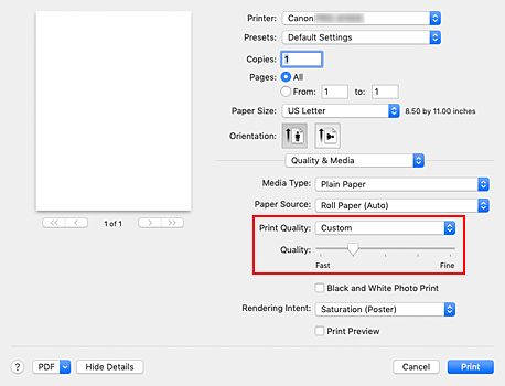 figure:Select Custom from Print Quality of Quality & Media in the Print dialog