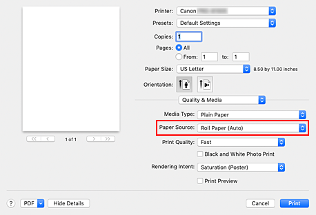 figure:Paper Source of Quality & Media in the Print dialog