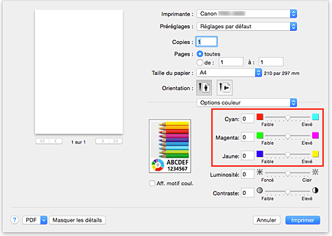 figure : Équilibre des couleurs des options de couleur dans la boîte de dialogue Imprimer