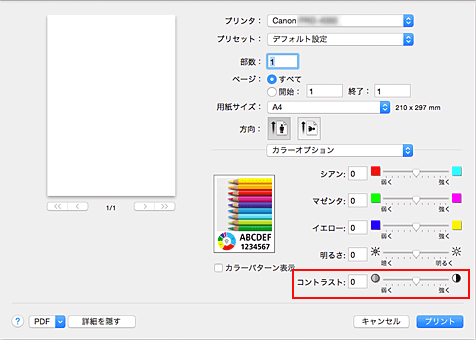 図：プリントダイアログ［カラーオプション］の［コントラスト］