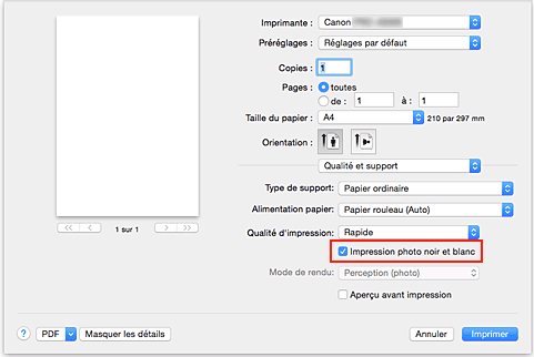 figure : option Impression photo noir et blanc sous Qualité et support dans la boîte de dialogue Imprimer