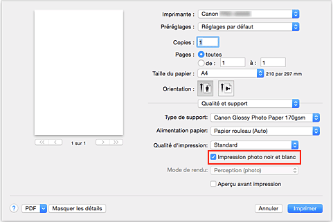 figure : option Impression photo noir et blanc sous Qualité et support dans la boîte de dialogue Imprimer