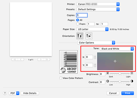 figure:Tone of Color Options in the Print dialog