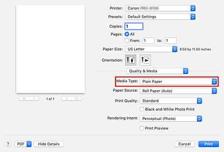 figure:Media Type of Quality & Media in the Print dialog