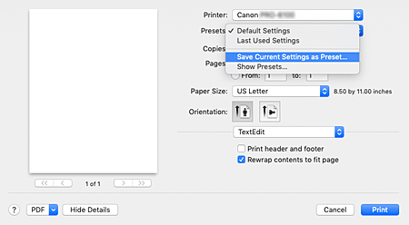 figure:Select Save Current Settings as Preset... from Presets in the Print dialog