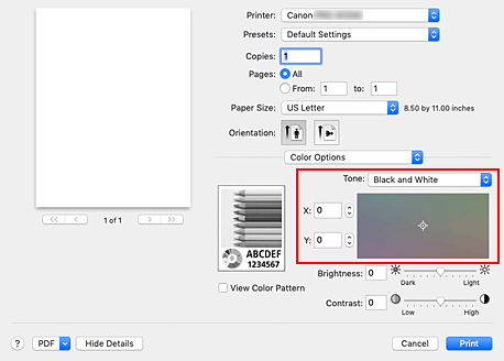 figure:Tone of Color Options in the Print dialog
