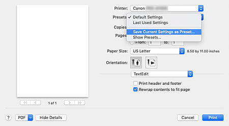 figure:Select Save Current Settings as Preset... from Presets in the Print dialog