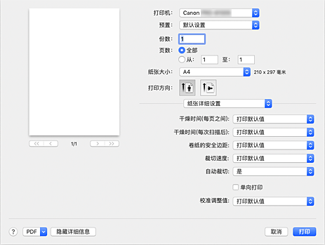 插图：打印对话框中的“纸张详细设置”