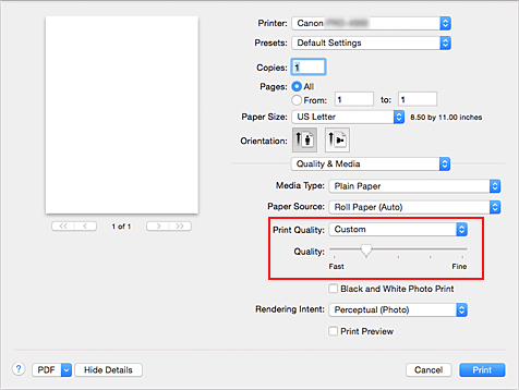 figure:Select Custom from Print Quality of Quality & Media in the Print dialog
