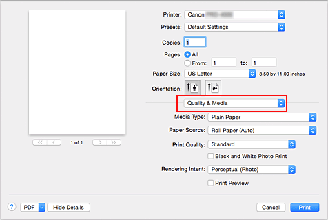 figure:Quality & Media in the Print dialog