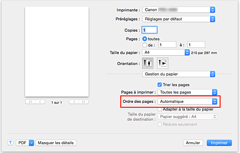 figure&nbsp;:&nbsp;Sélectionnez Automatique dans Ordre des pages pour Gestion du papier dans la boîte de dialogue Imprimer.