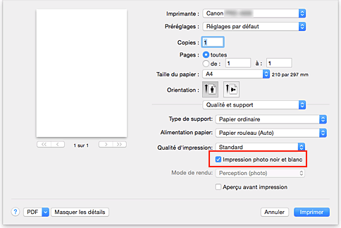 figure&nbsp;: option Impression photo noir et blanc sous Qualité et support dans la boîte de dialogue Imprimer