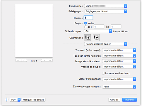 figure : Param. détaillés papier dans la boîte de dialogue Imprimer
