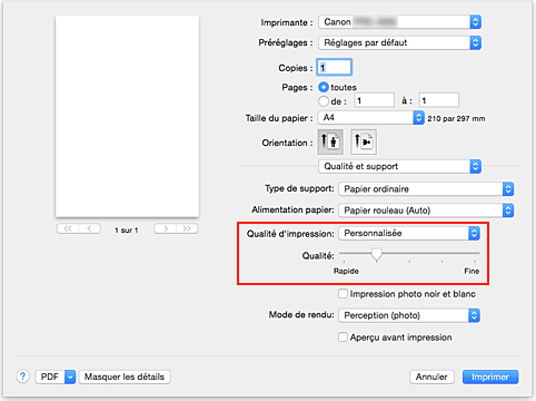 figure&nbsp;:&nbsp;Sélectionnez Personnalisée pour Qualité et support dans la boîte de dialogue Imprimer.