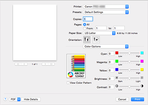 рисунок: Параметры цвета в диалоговом окне "Печать"