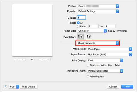 figure:Quality & Media in the Print dialog