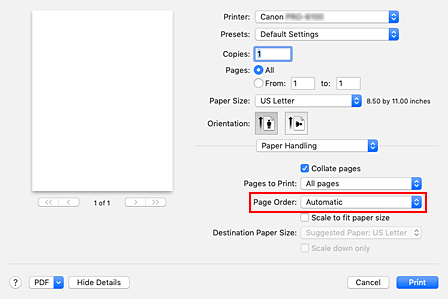figure:Select Automatic from Page order of Paper Handling in the Print dialog