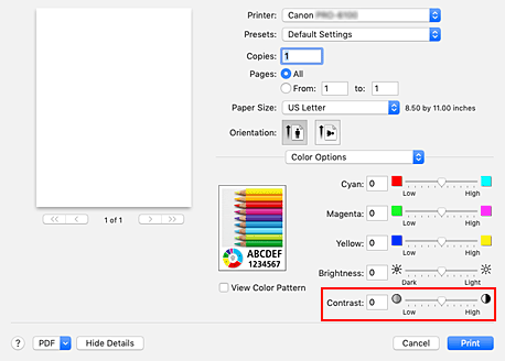 Imagen: Contraste de Opciones de color del cuadro de diálogo Imprimir