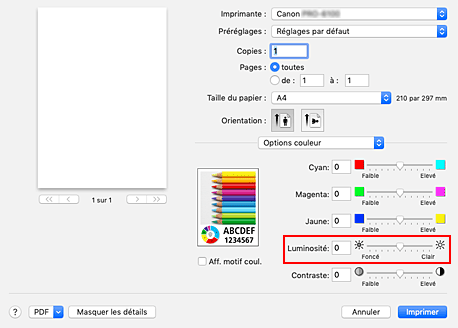 figure&nbsp;: Luminosité des options de couleur dans la boîte de dialogue Imprimer