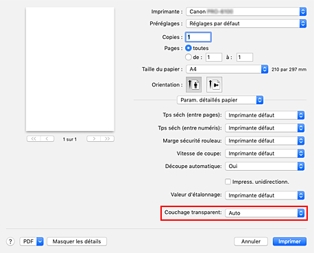 figure : Couchage transparent des Param. détaillés papier dans la boîte de dialogue Imprimer