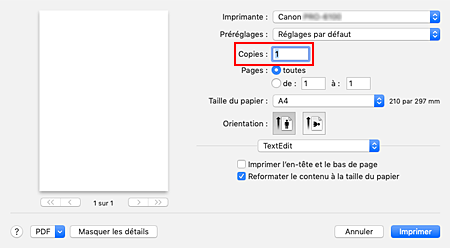 figure&nbsp;: Copies dans la boîte de dialogue Imprimer
