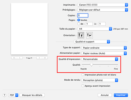 figure&nbsp;:&nbsp;Sélectionnez Personnalisée pour Qualité et support dans la boîte de dialogue Imprimer.