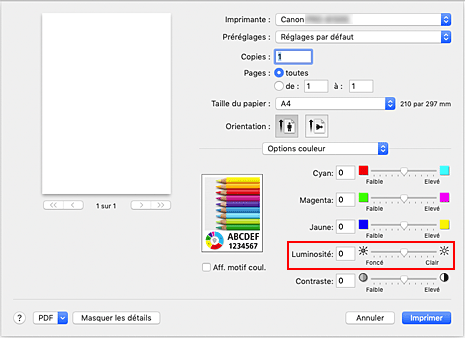 figure&nbsp;: Luminosité des options de couleur dans la boîte de dialogue Imprimer
