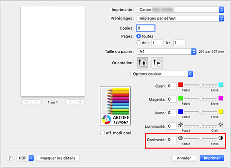 figure&nbsp;: Contraste des options de couleur dans la boîte de dialogue Imprimer